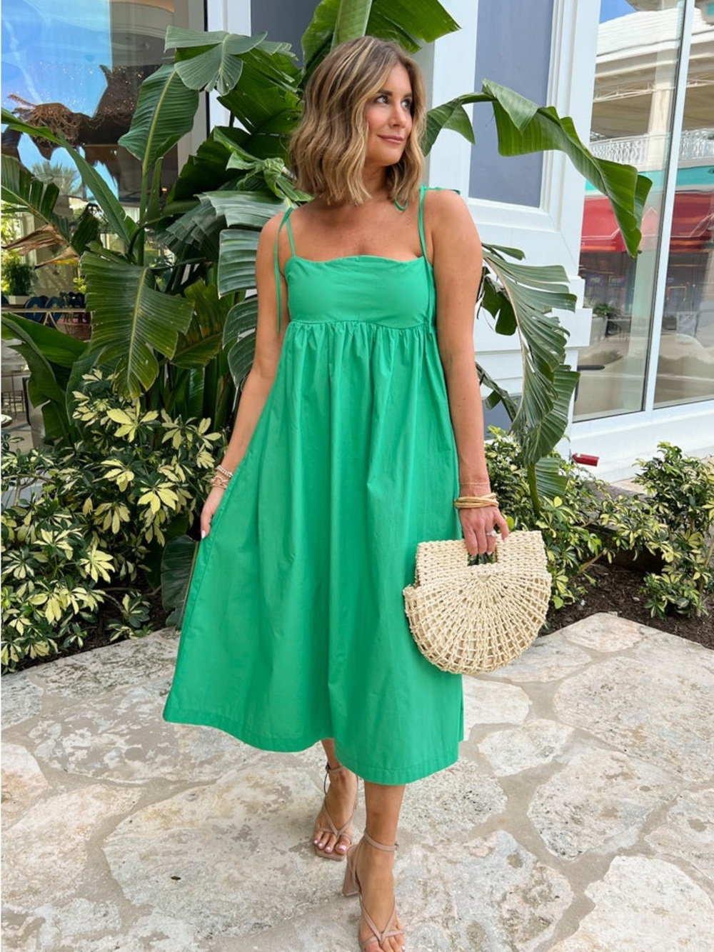 vestique Bright Green Tie-Strap Midi Dress